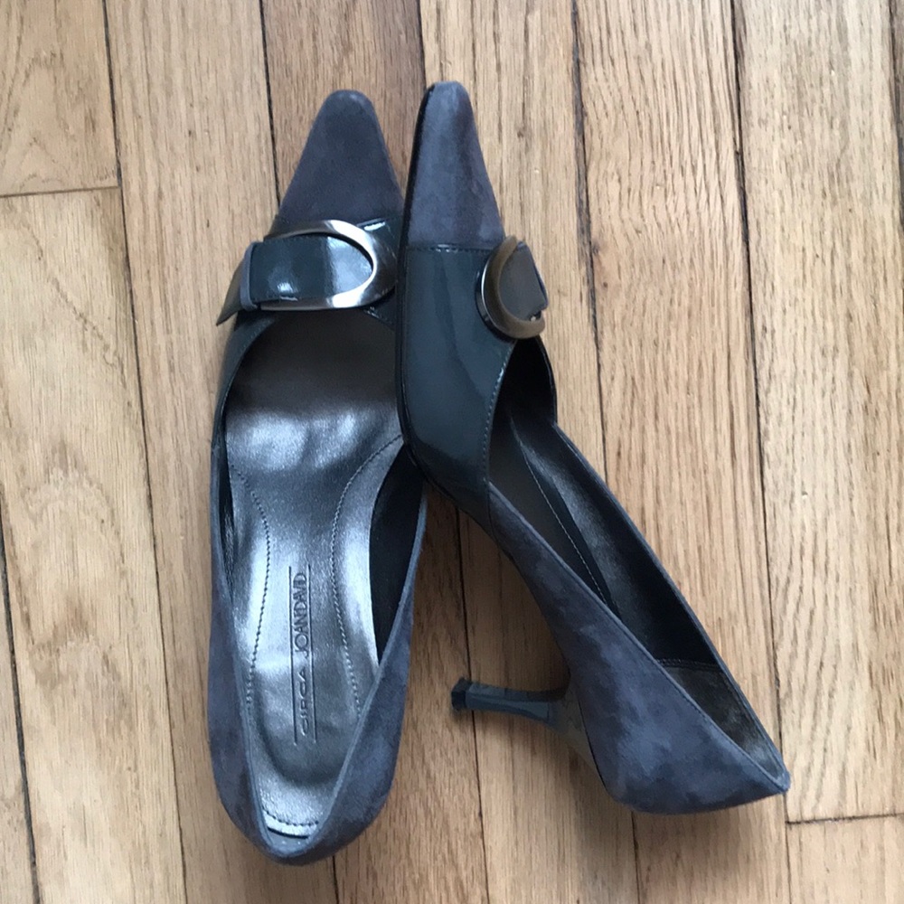 Gray suede and patent leather heels